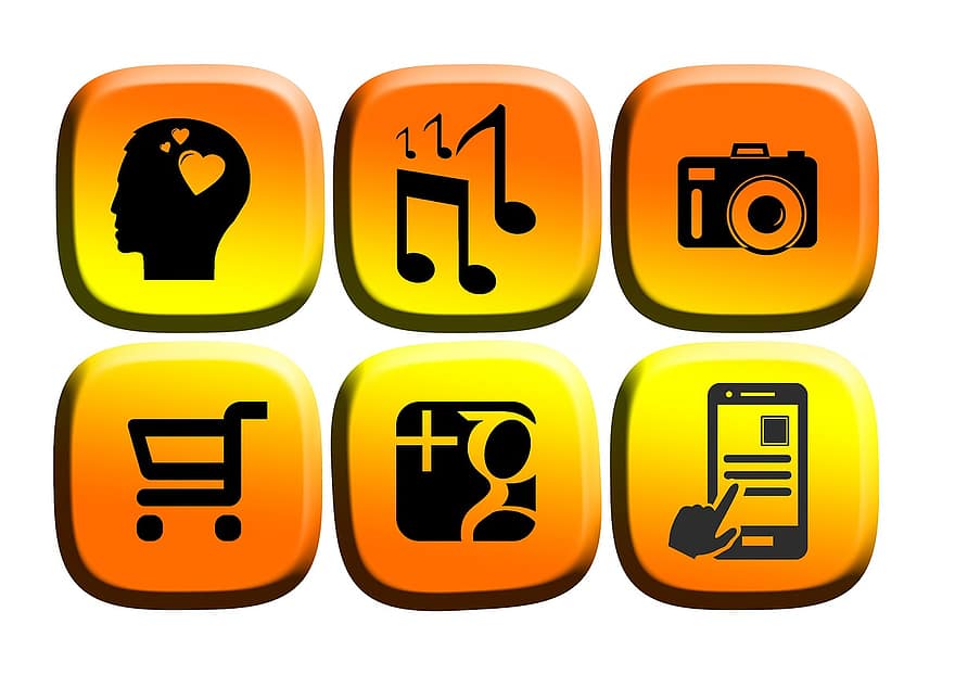 ソーシャルメディア、ボタン、アイコン、オレンジ、アプリ、写真、音楽、グーグルプラス、愛、携帯電話、タッチスクリーン