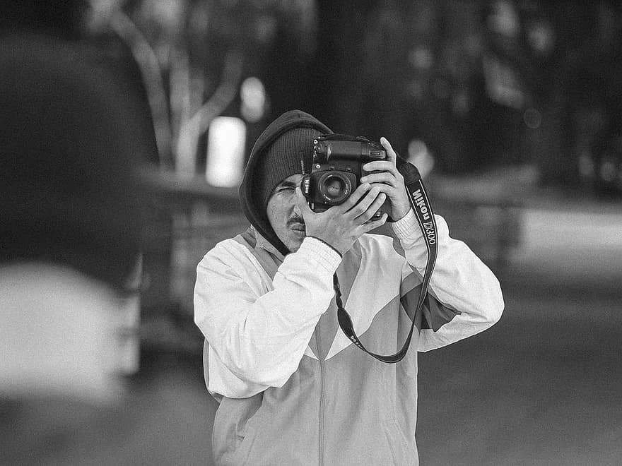 fotógrafo, cámara, hombre, en blanco y negro, fotografía, cámara réflex digital, Nikon, tomando foto, Sacando foto