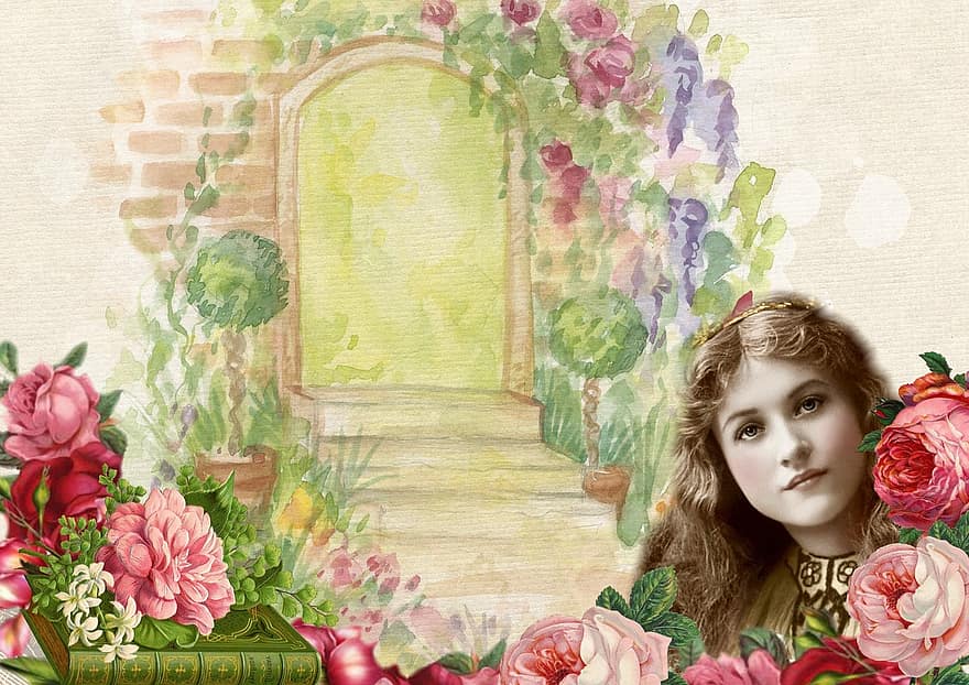 Vintage ▾, attrice, collage, vecchio, ragazza, giardino, rosa, porta, antico, signora, fiore