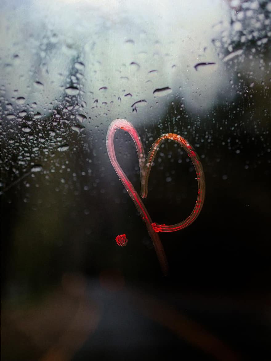 jantung, cinta, hari Valentine, romantis, percintaan, Latar Belakang, bentuk, hujan, titisan hujan, latar belakang, jendela