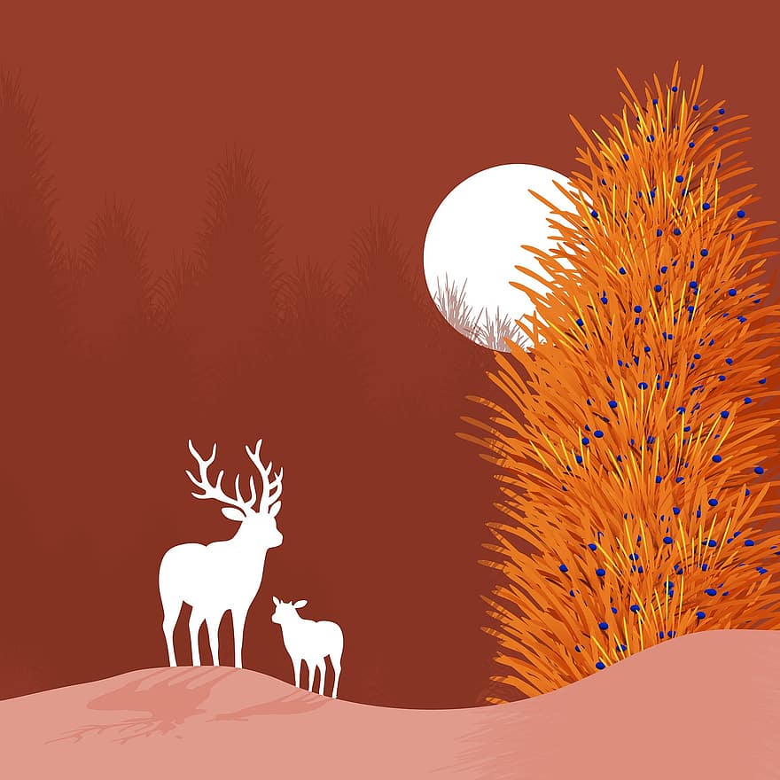 Natal, ilustração, veado, animal, pinheiro, árvore, noite, lua, inverno, neve, postal