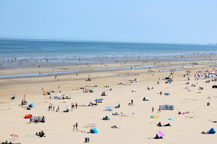 デパンネ、ベルギー、ビーチ、観光客、休暇、夏、海、海洋、砂、人、休日