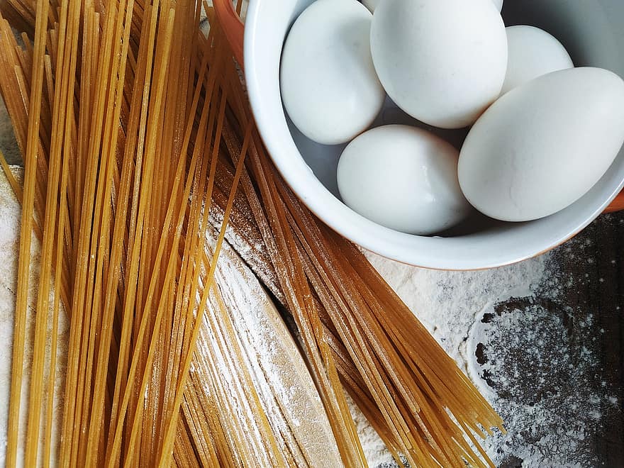 Pasta, Eggs, Food, Ingredients, Spaghetti, Cooking, Flour, Raw, Wooden Board, freshness, healthy eating