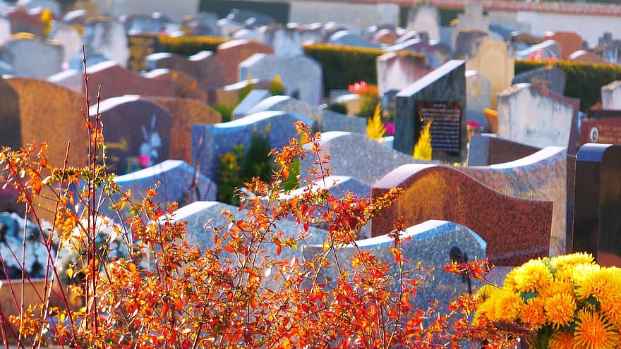 Blumen, Friedhof, Herbst, fallen, Grabstein, Grab, Religion, Christentum, Tod, Trauer, berühmter Platz