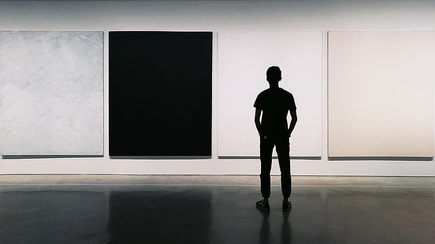minimalistisk, bakfra, utstilling, museum for kunst, museum, menn, innendørs, stående, én person, voksen, forretningsmann