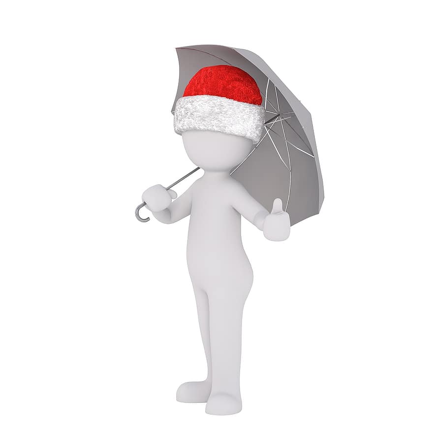 Navidad, hombre blanco, cuerpo completo, sombrero de Santa, modelo 3d, figura, aislado, paraguas, lluvia, pantalla, mojado
