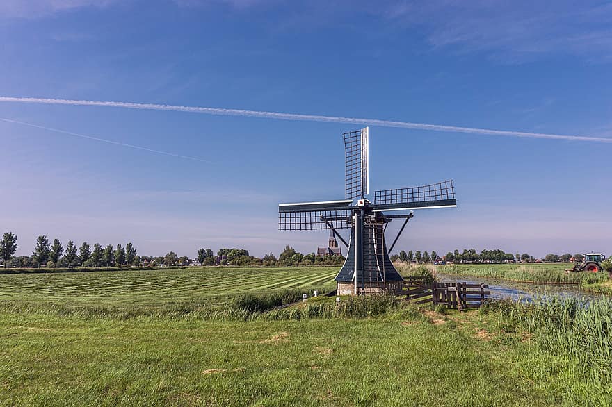 Windmühle, Dorf, Holland, Niederlande, alte Windmühle, Windenergie, Struktur, historisch, Tourismus, Feld, ländlich