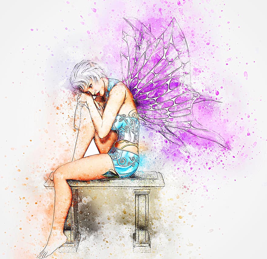 Fae, Girl, Fantasy, Art, Abstract, Watercolor, Vintage, Colorful, Wings, T-shirt, Artistic