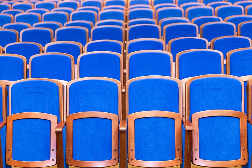 publikum, hlediště, konference, konvence, událost, přednáška, židle, sedadlo, v řadě, prázdný, divadelní divadlo