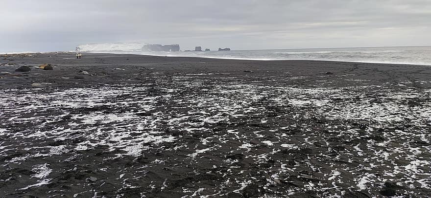 바닷가, 겨울, 레이캬비크, 아이슬란드, 검은 해변, 눈, 육지, 바다, 물, 연안, 자연
