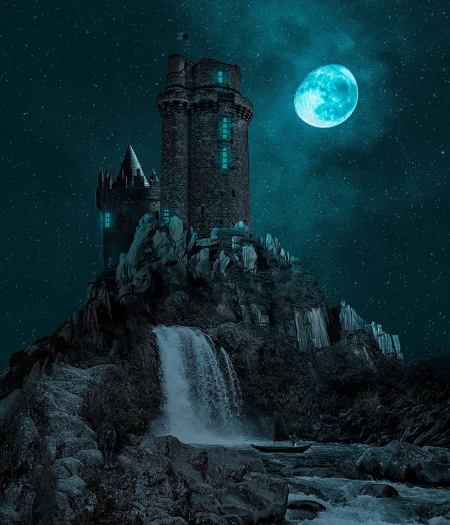 lý lịch, tưởng tượng, mặt trăng, pháo đài, đêm, kịch tính, con sông, thác nước, nghệ thuật số, tối, ngân hà