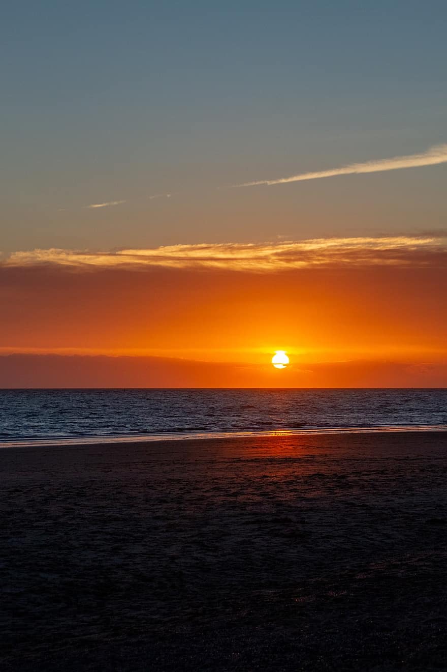 posta de sol, platja, oceà, mar, sol, cel, aigua, vespre, Països Baixos, zeeland