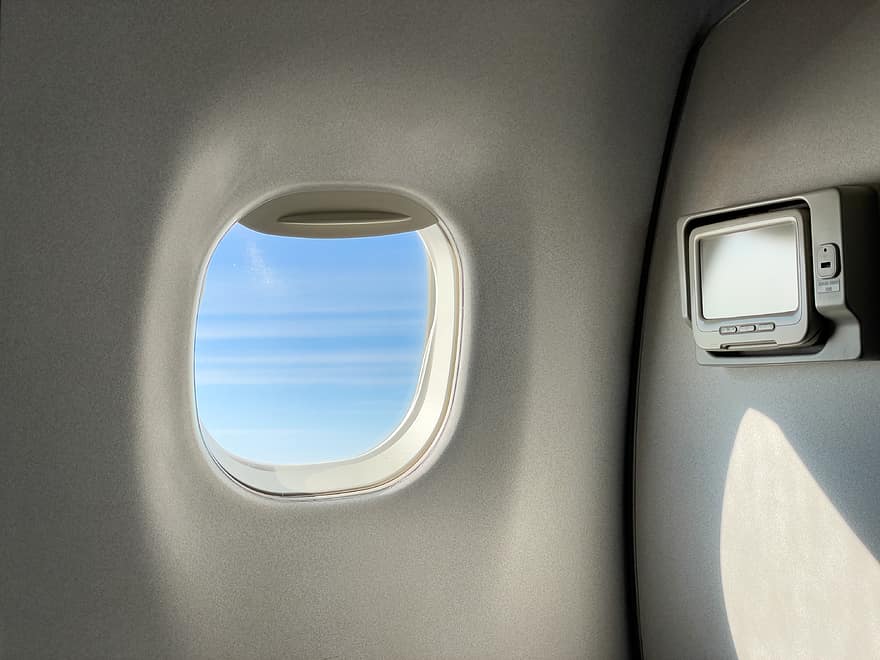 samolot, okno, widok, transport, podróżować, lot, latać, powietrze, linia lotnicza, lotnictwo, niebieski