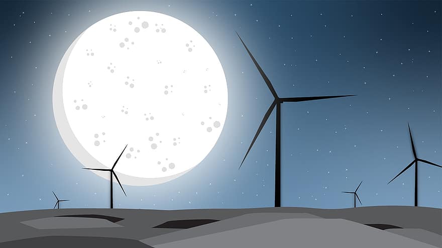 ветряная мельница, ночь, небо, Луна, звезды, пустыня, песок, ветровая турбина, производство топлива и электроэнергии, электричество, ветровая энергия