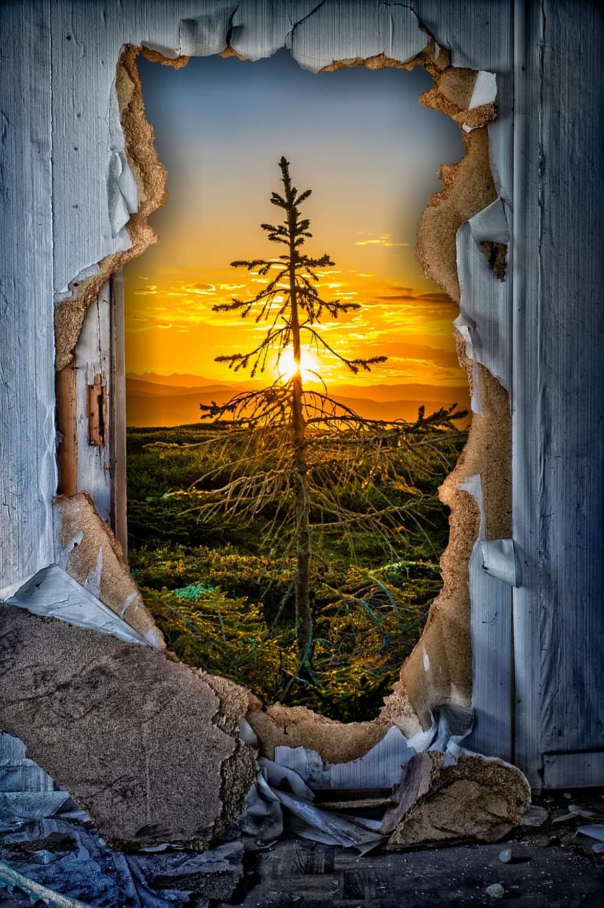 Hole, Wall, Sunset, Romantic, See Through
