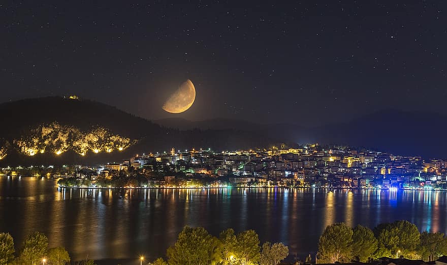 Luna, ciudad, viaje, turismo, Kastoria, Grecia, luces, noche, agua, luz de la luna, oscuridad