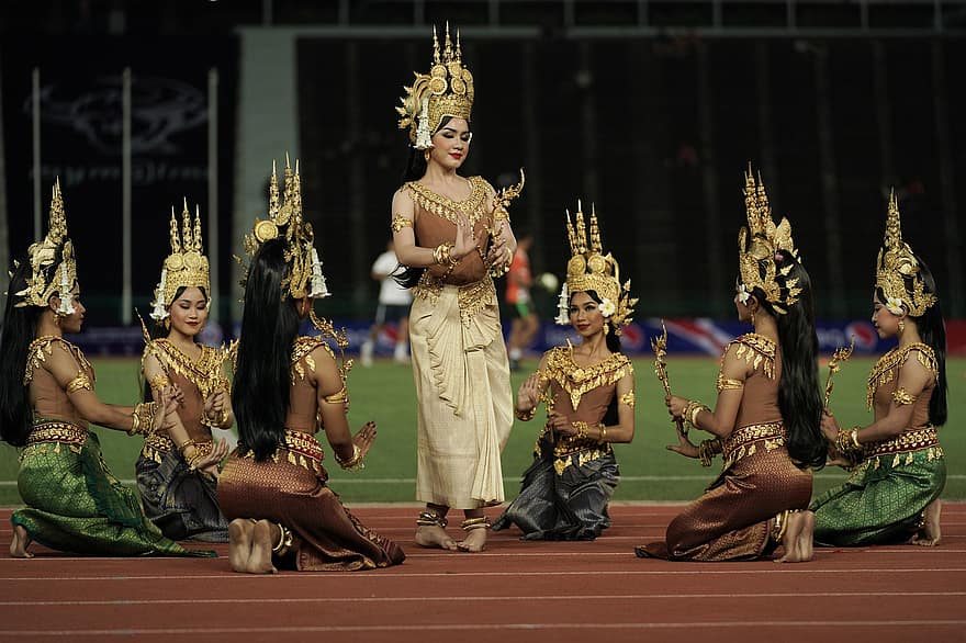 танцоры, женщины, группа, спектакль, апсара, кхмерский