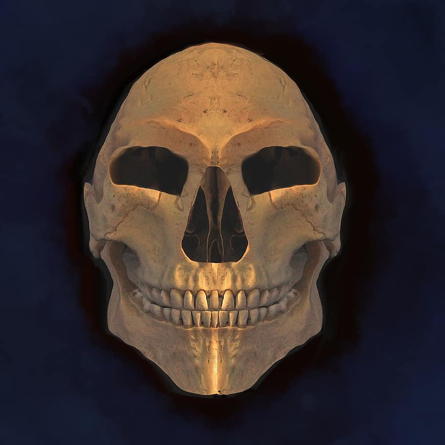 crâne, Halloween, morte, squelette, horreur, sourire, d'or, tête, foncé, des os, effrayant