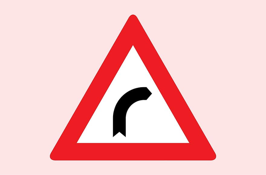 berbahaya, melengkung, kiri, tanda, jalan, peringatan, merah, reflektif, lalu lintas, mengendarai, perhatian