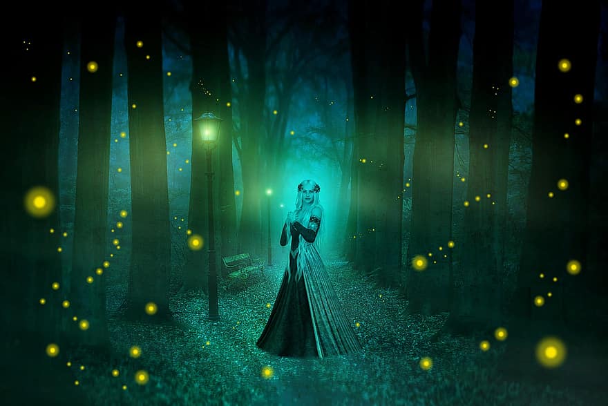 Girl, Woman, Lady, Noble, Forest, Road, Green, Street Lights, Benches, Fireflies, Mystic