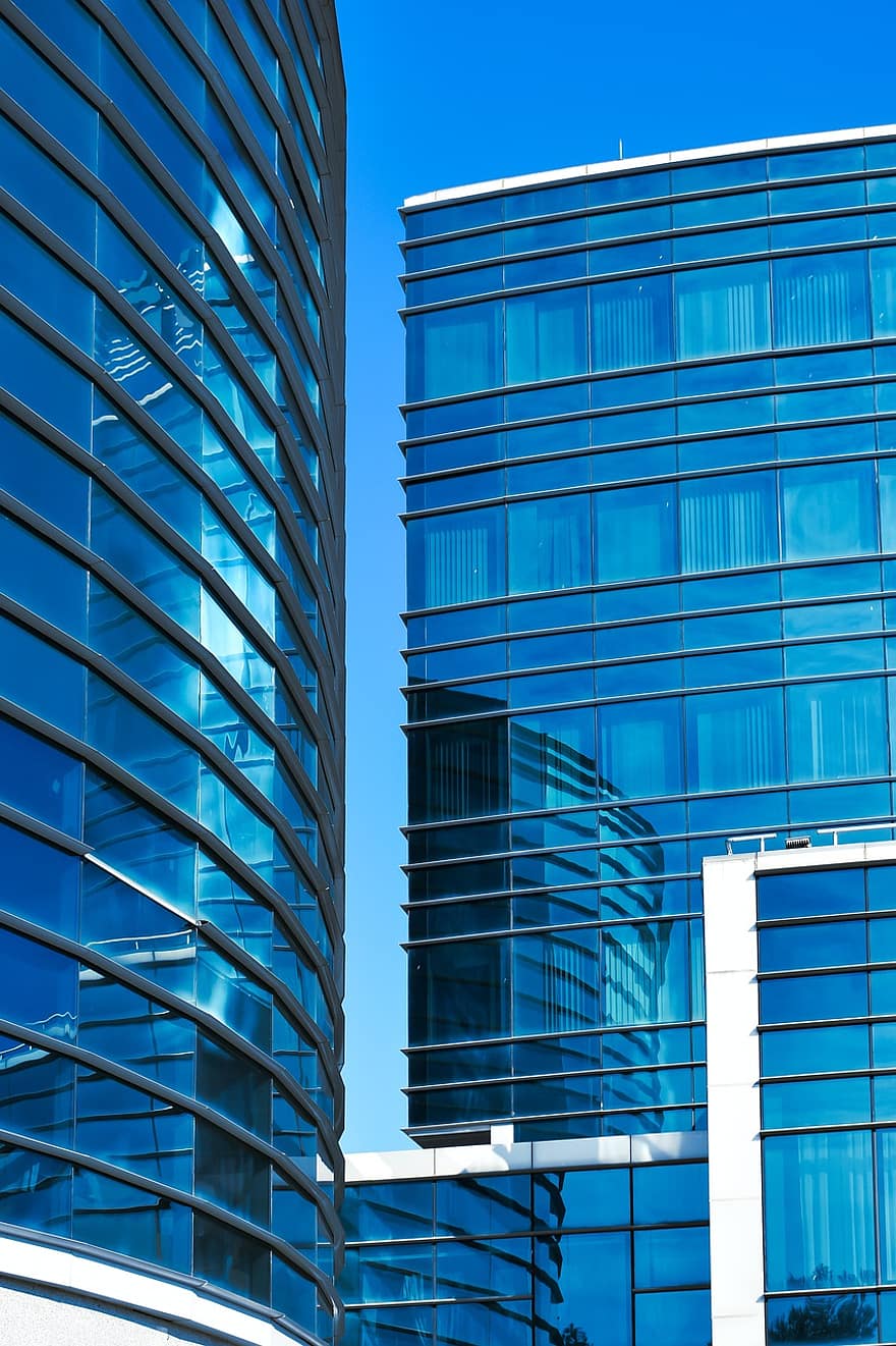 edifici, facciata in vetro, riflessione, città, architettura, alti edifici, quartiere degli affari, centro, urbano, esterno dell'edificio, blu