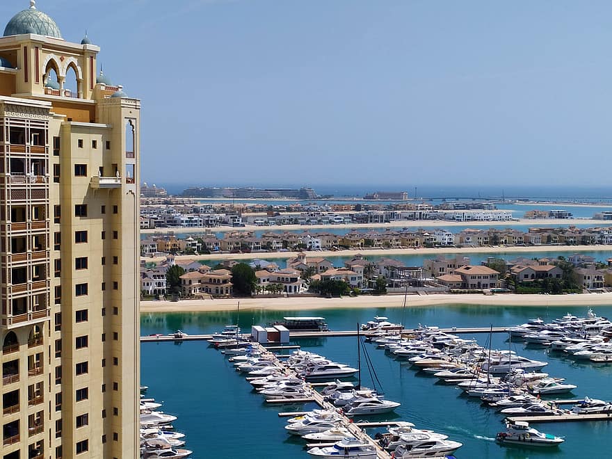 Dubaj, emiráty, marina, přístav, moře, město, věž, budova, v centru města, městský, moderní