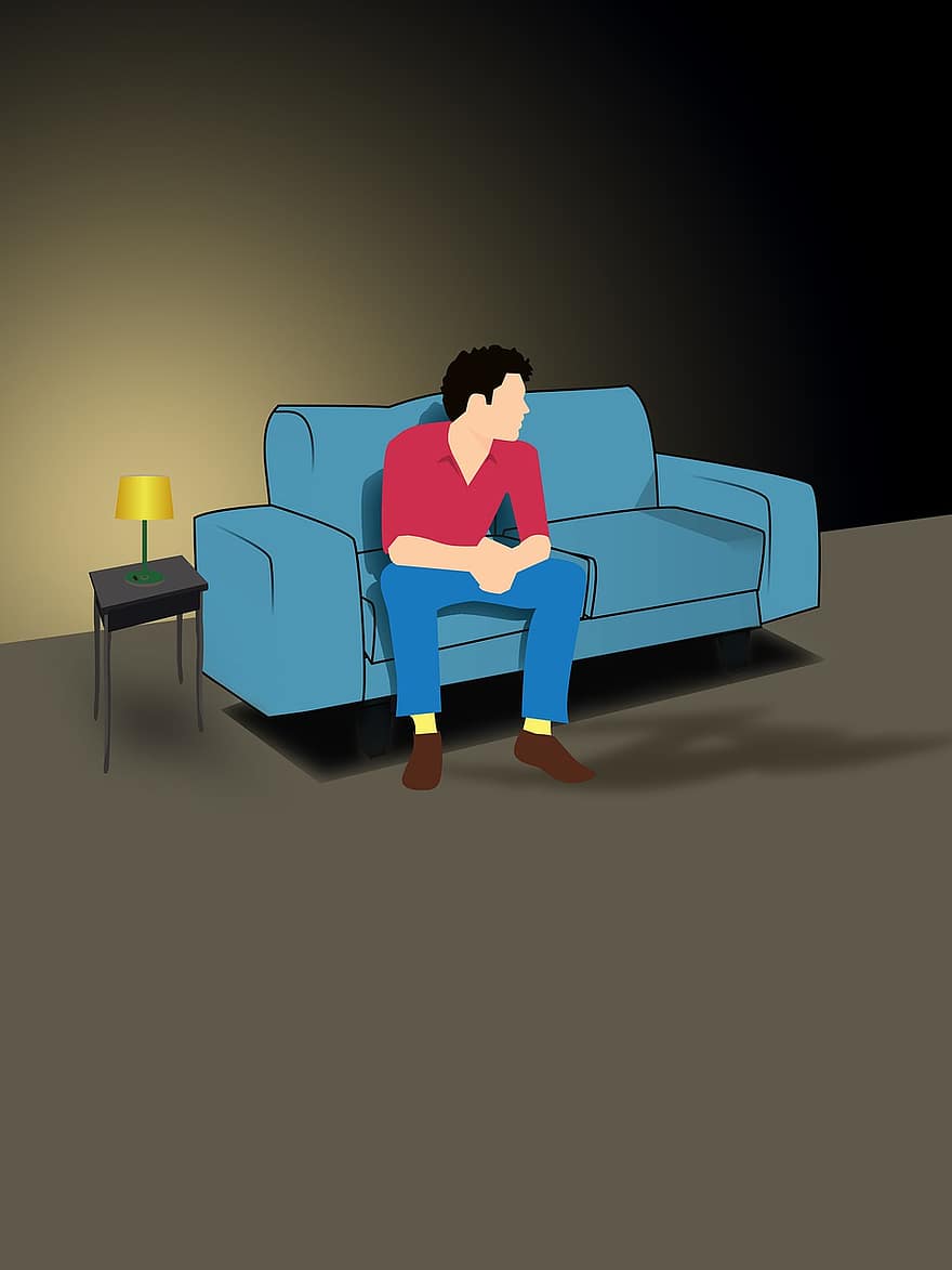 hombre, sentado, sofá, solo, persona, lámpara