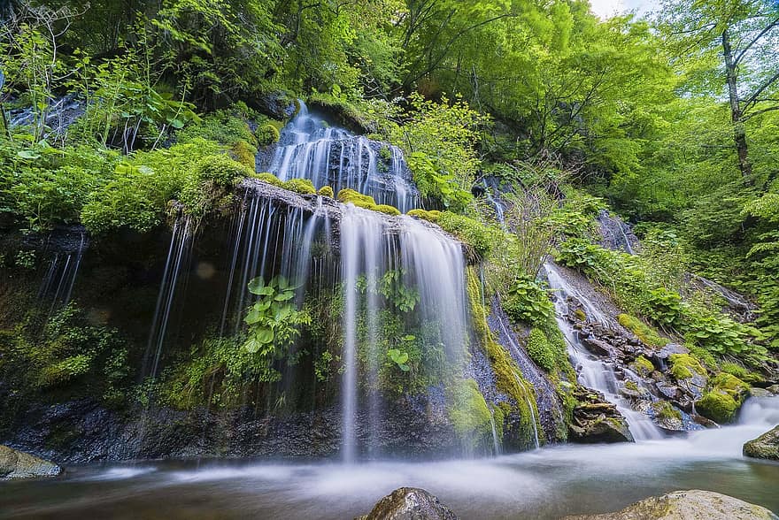vattenfall, skog, Soryu vattenfall, Doryunotaki, Yatasugatake, natur, falls, flod, strömma, stenar, mossa
