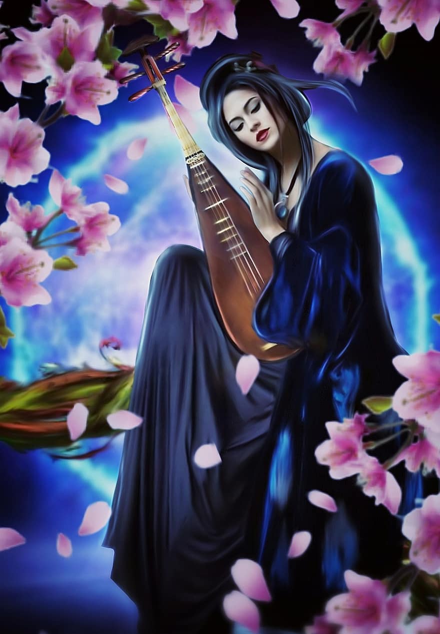 κορίτσι, μουσικό όργανο, λουλούδια, άνθος κερασιάς, μόνος, φως, φεγγάρι, Cahaya, Alatmusik, Γυναίκα, bunga