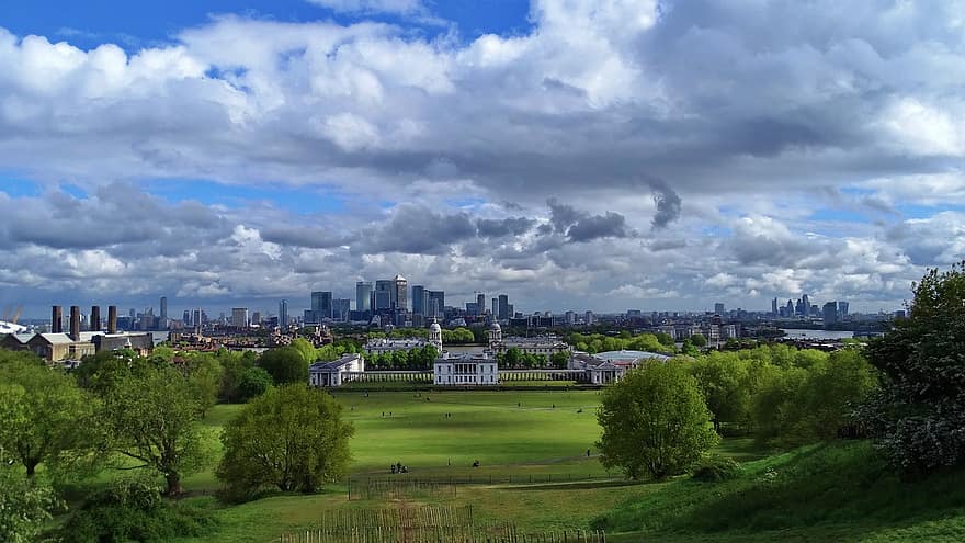 Londres, Inglaterra, Greenwich, horizonte, paisaje urbano, Greenwichpark, museo marítimo nacional, hierba, rascacielos, horizonte urbano, arquitectura
