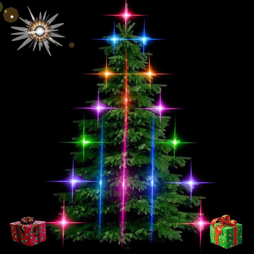 Spar, Kerstmis, lichten, geschenken, bal, ster, decoraties, vrolijk kerstfeest