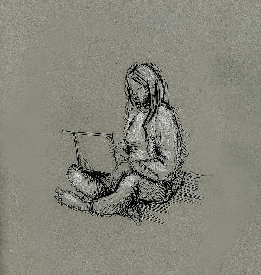 dziewczynka, laptop, lanca, praca, Praca zdalna, praca zdalna, kobieta, notatnik, papier, naszkicować, sztuka