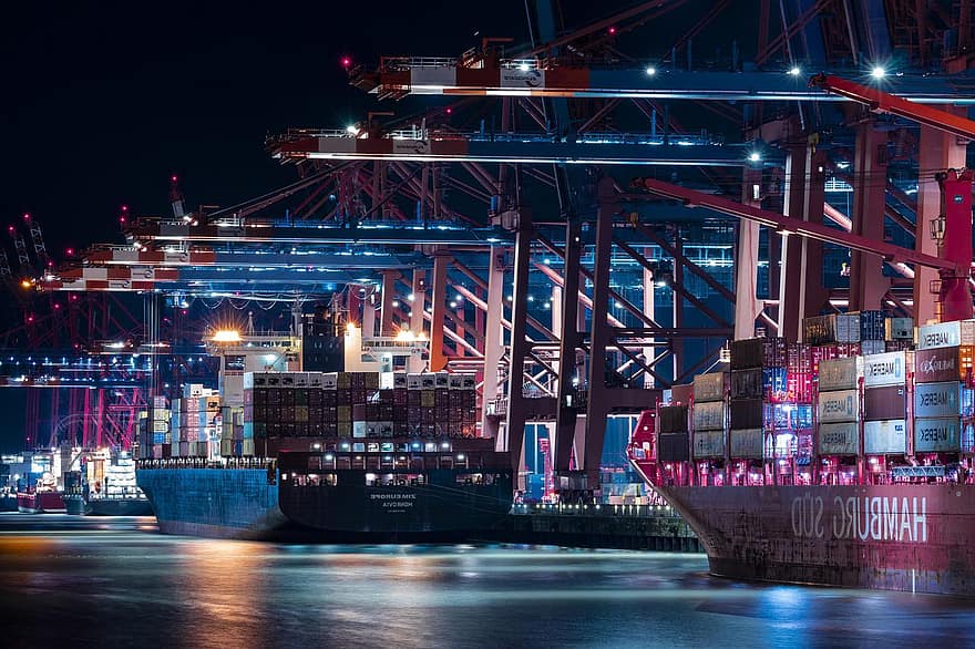 ハンバーグ、港、船、容器、ロジスティクス、輸出する、クレーン、輸送、貨物コンテナ、運送、商業ドック