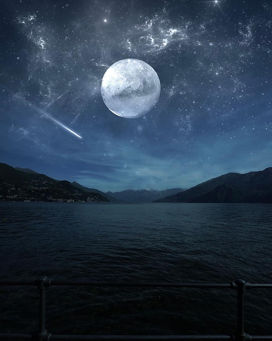 mēness gaisma, ezers, naktī, zvaigznes, jūra, debesis, zvaigžņotas debesis, nakts debesis, astronomija, galaktika, telpa
