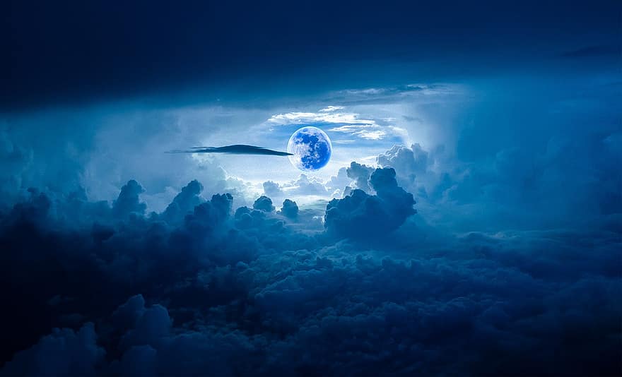lluna blava, cel blau, núvols, cloudscape, cel, skyscape, núvols de tempesta, trist, temps, naturalesa, fons