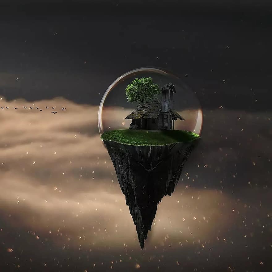 opuszczony, wyspa, Natura, fikcja, drzewo, ilustracja, planeta, przestrzeń, środowisko, tła, noc