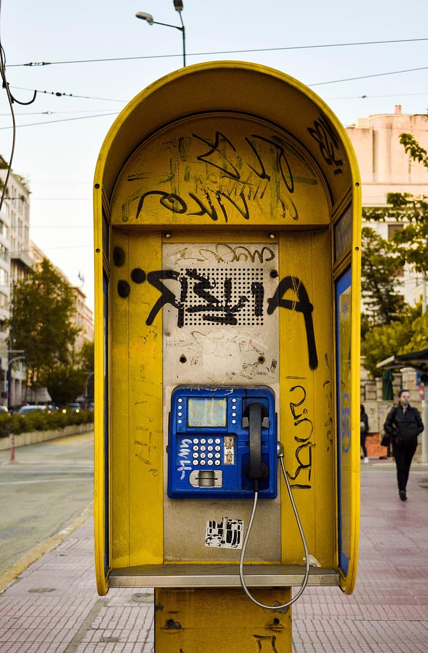 tālruni, taksofons, grafiti, kiosks, telefona būdiņa, sabiedrībai, iela, vecs, pilsētas, pilsēta, atēnām