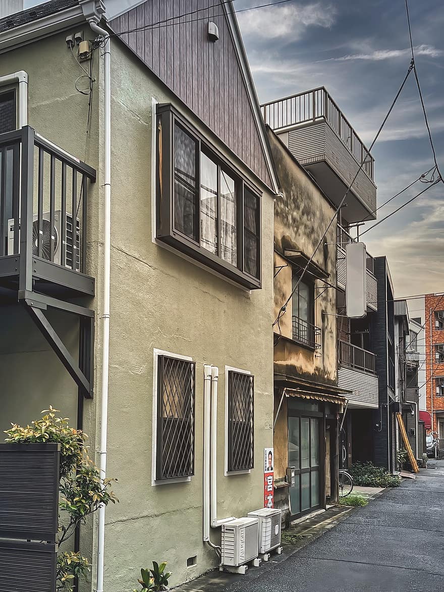 cases, carrer, barri, tokyo, Japó, backstreet, residencial, arquitectura, carretera, urbà, finestra