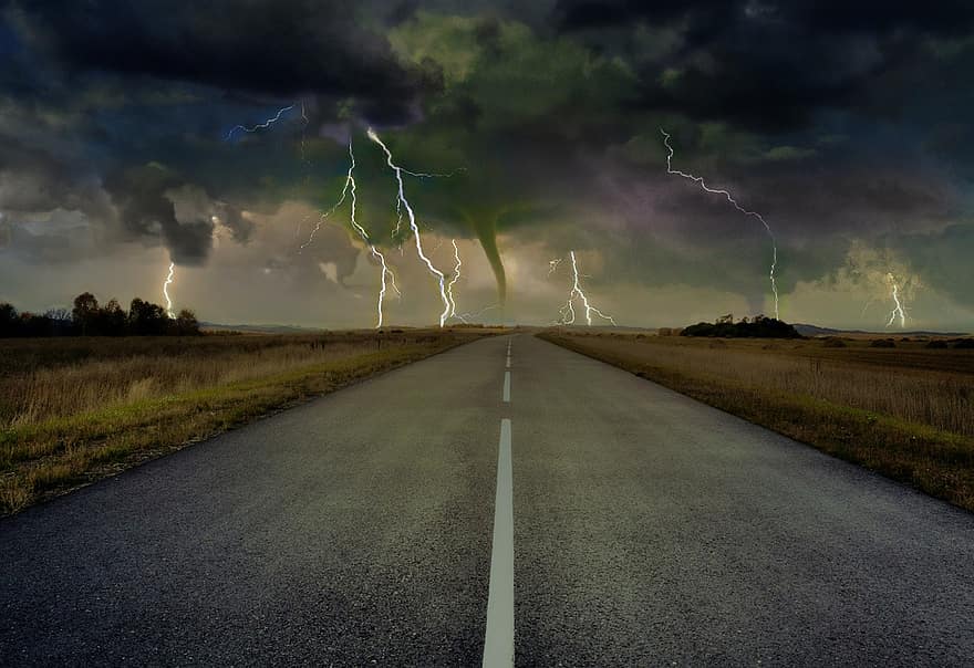 carretera, tornado, llamps, trons, tempesta, núvols, temps, pern, raig