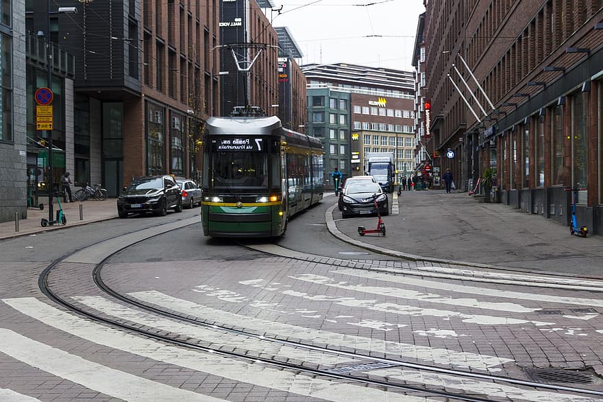 ट्राम, पटरियों, आर्किटेक्चर, फिनलैंड, हेलसिंकी, परिवहन, शहर का जीवन, परिवहन के साधन, यातायात, बाहरी निर्माण, cityscape
