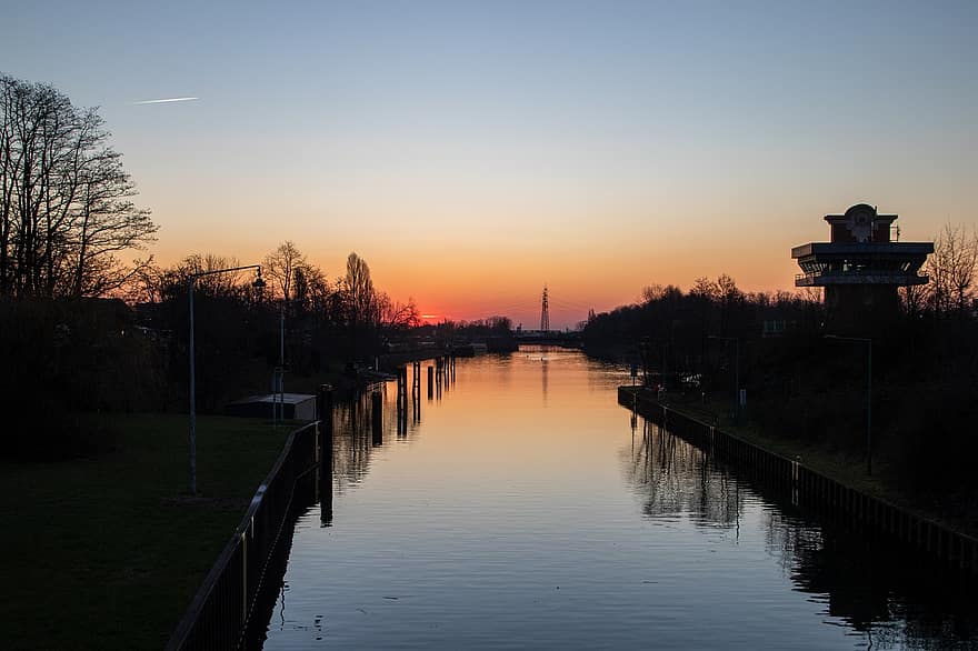 solnedgång, Rhen-Herne-kanalen, vattenväg, Fraktväg, ruhr område, kanal, Tyskland, skymning, vatten, landskap, Sol