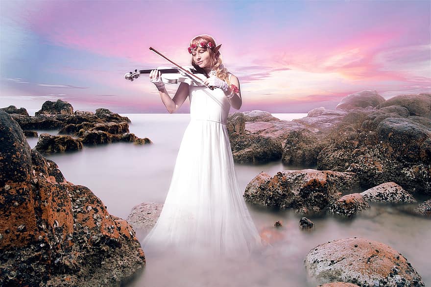 елф, цигулка, цигулар, концерт, инструмент, плаж, музика, море, залез, изгрев, панорамен
