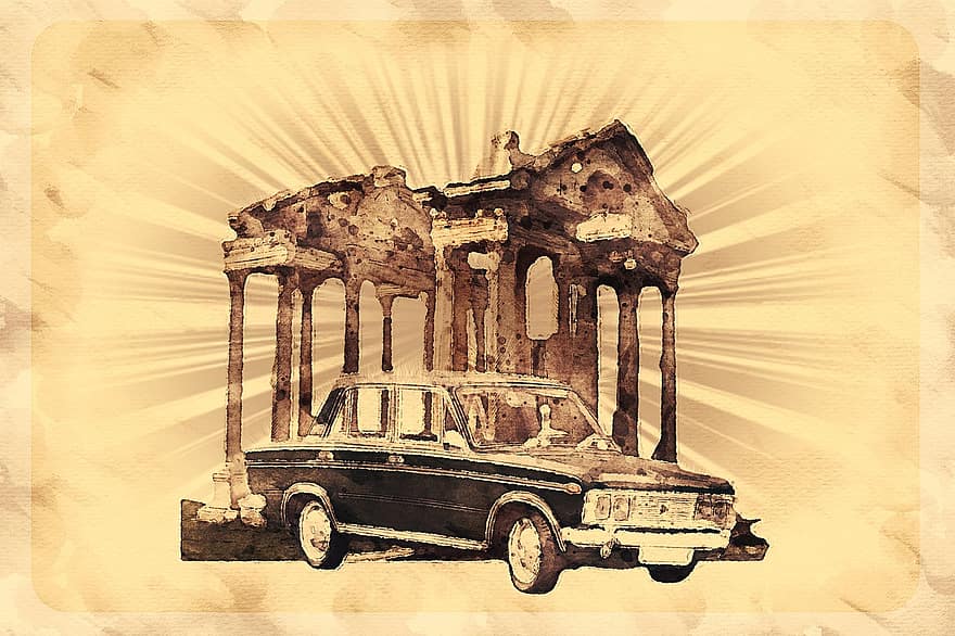 pojazd, placet, Włochy, Rzym, samochód, retro, plakat, Pocztówka