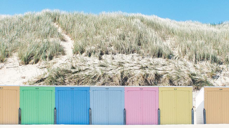 spiaggia, cabine, sabbia, duna, cabine colorate, estate, costa