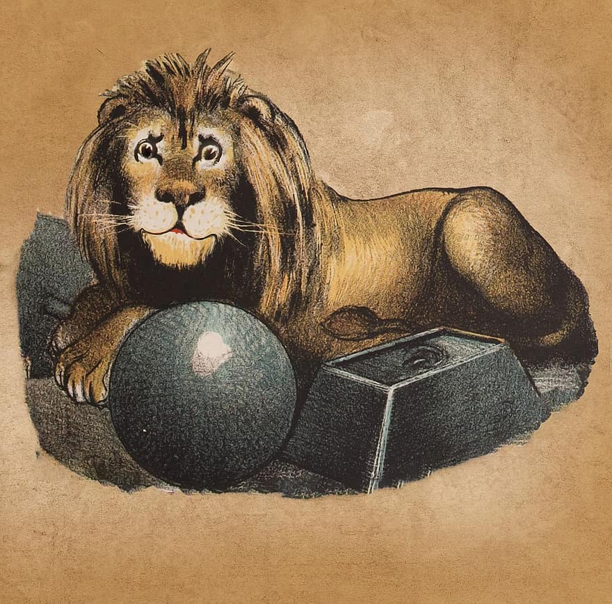 Lion, Grin, Vintage, Circus, Brown, Antique, Poster, Cute, Wildlife, Trained, Predator