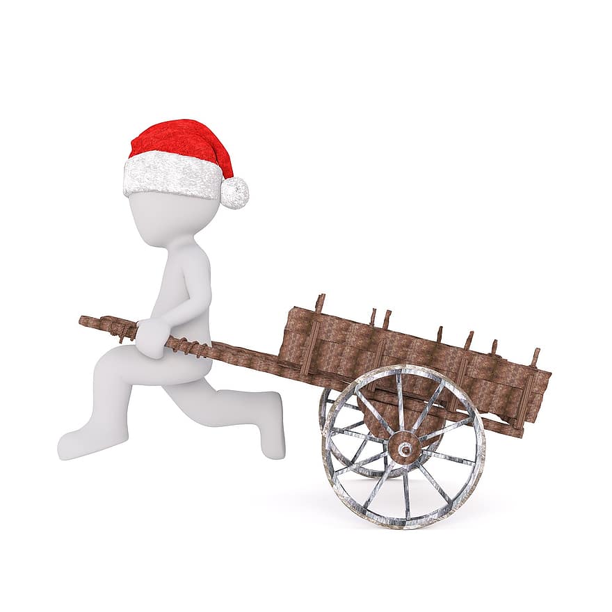 bílý samec, izolovaný, 3D model, Vánoce, klobouk santa, plné tělo, bílý, 3d, postava, vozíku, táhnout