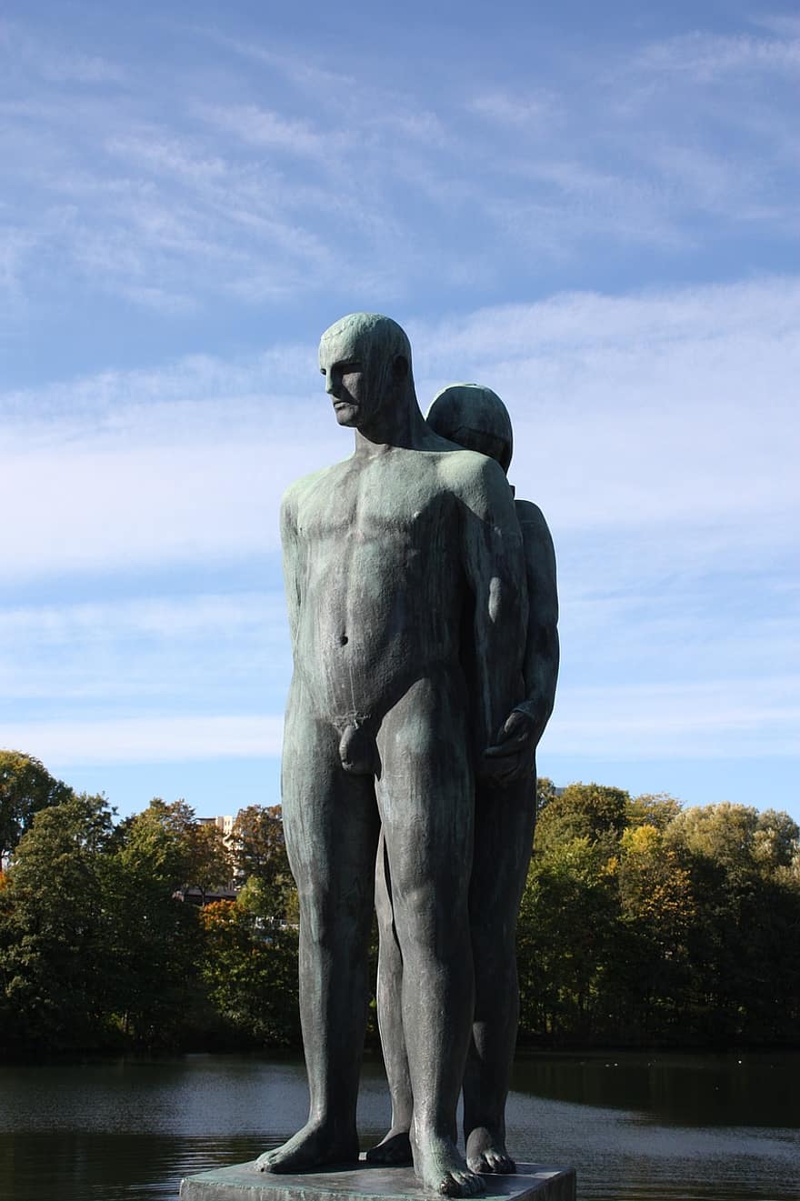 szobor, Férfi, Művészet, ég, ősz, Oslo, párosít