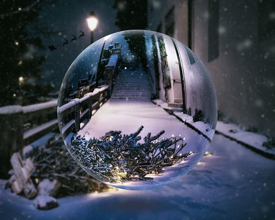 objektyvo rutulys, Kalėdos, medis, šviesos, žiemą, sniegas, šalta, šventinis, naktis, sfera, sezoną
