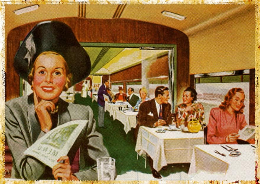 الرجعية ، سيارة ، اشخاص ، قطار ، وسائل النقل ، الإعلانات ، مطعم ، قائمة طعام ، طعام ، قديم ، كلاسيكي