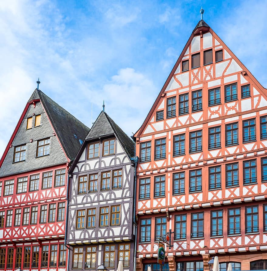 casas, prédios, fachadas, janelas, Entrada, frankfurt, cidade, treliça, Fachwerkhaus, estrutura de madeira, céu